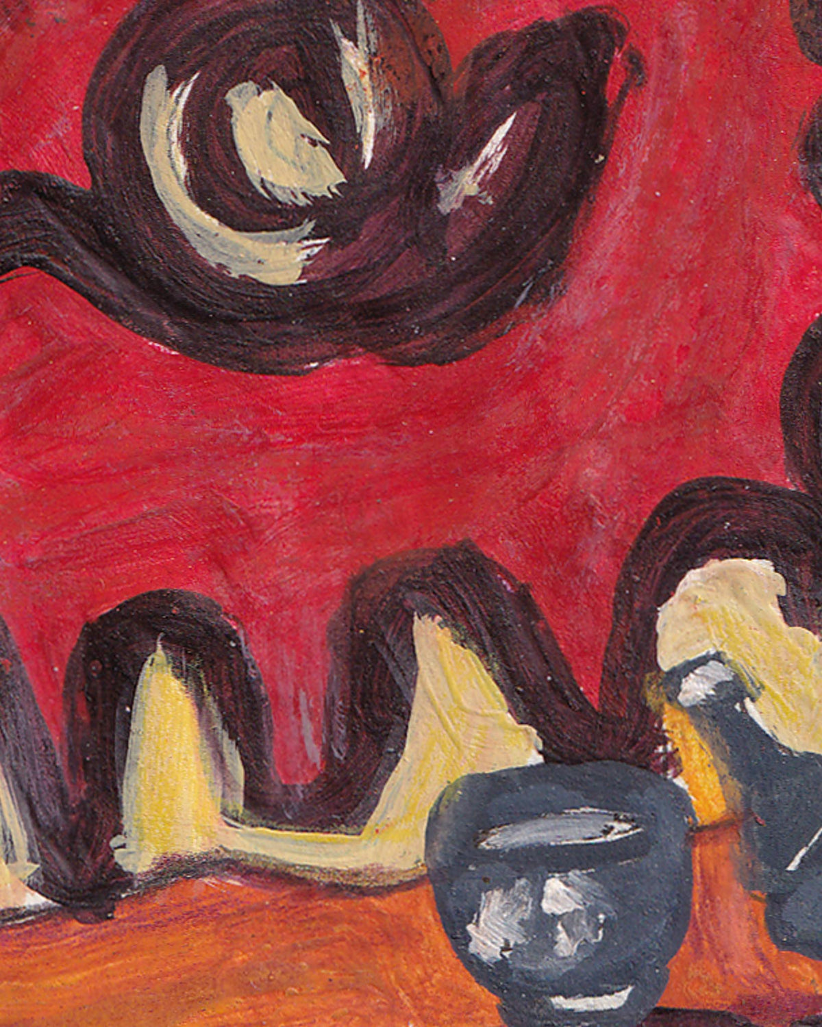 Abstract painting with red background, black and white shapes, and a gray vase.