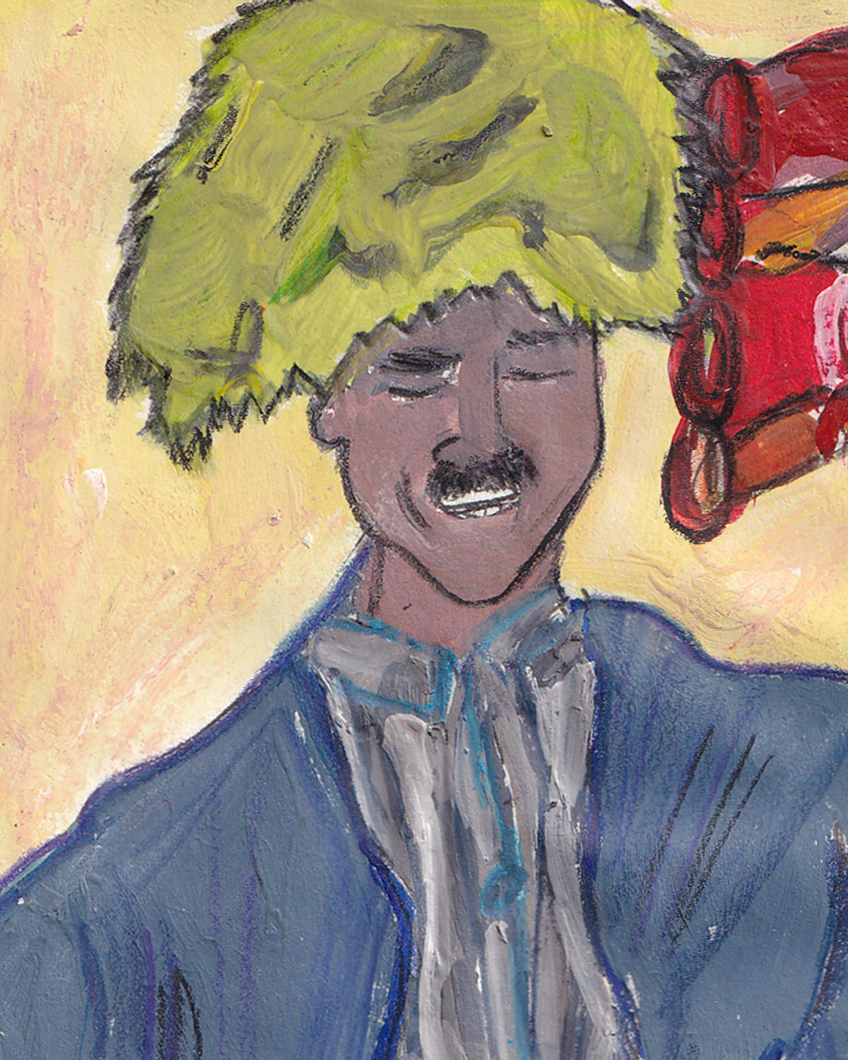 Artistic depiction of a person with a green hat and a red bag on their shoulder against a yellow background.