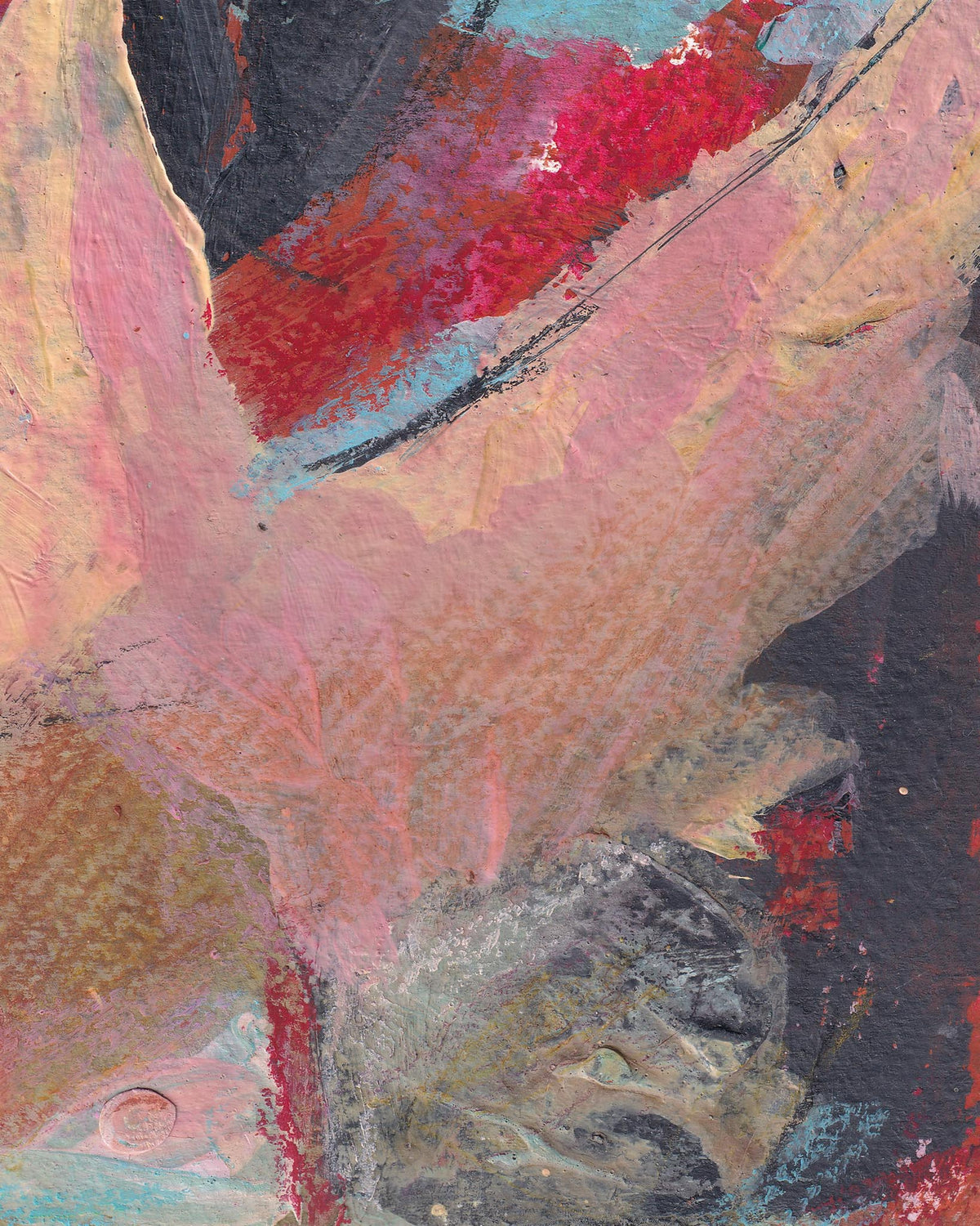 Abstract art with a mix of pink, red, and gray colors.