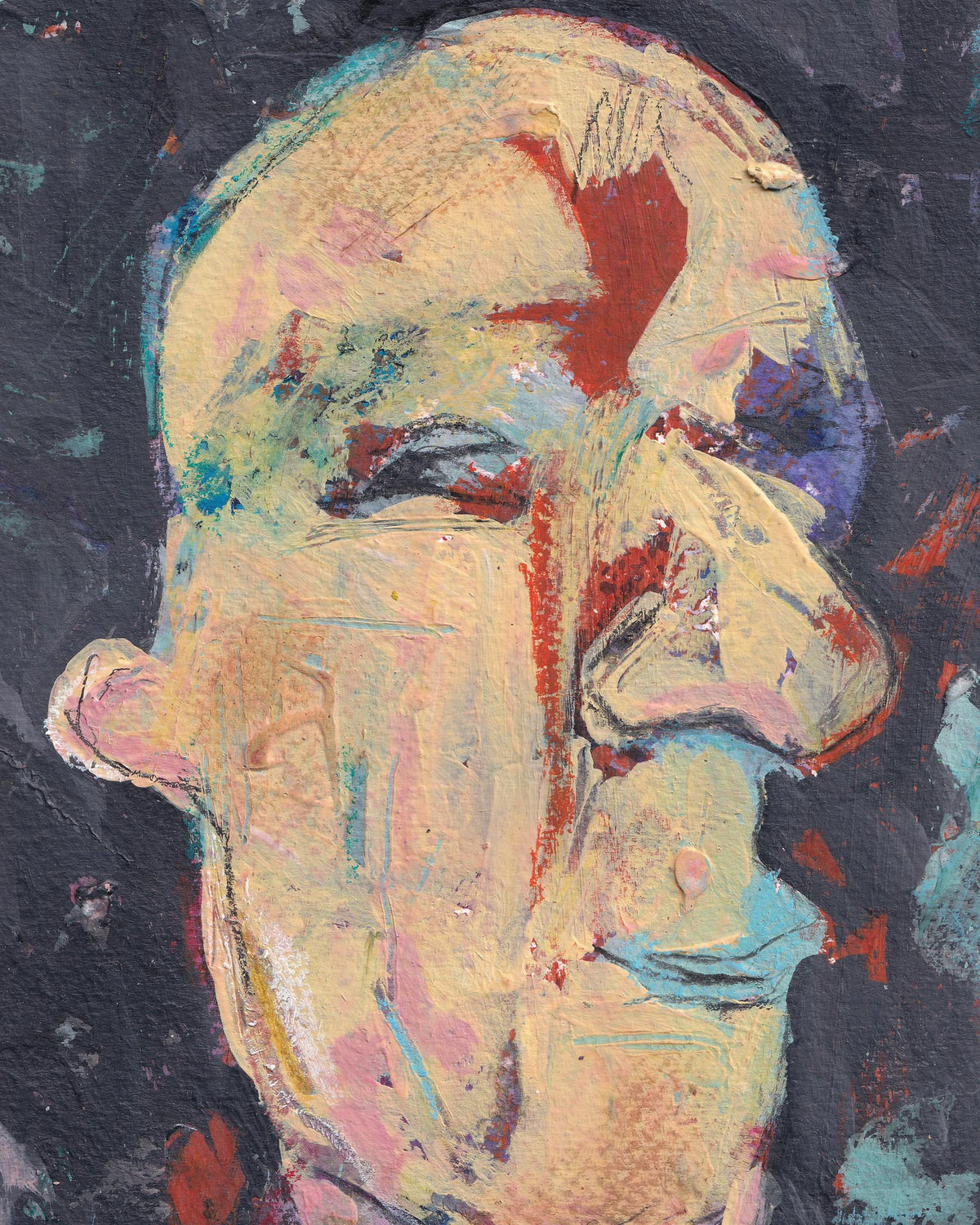 Abstract painting of a face with colorful brush strokes on a dark background