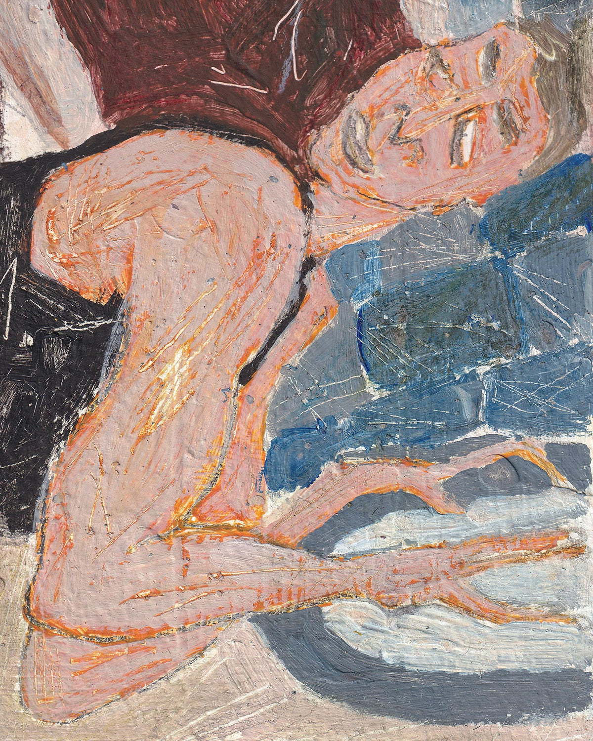 Artistic depiction of a person lying on the ground with a dark object over their head