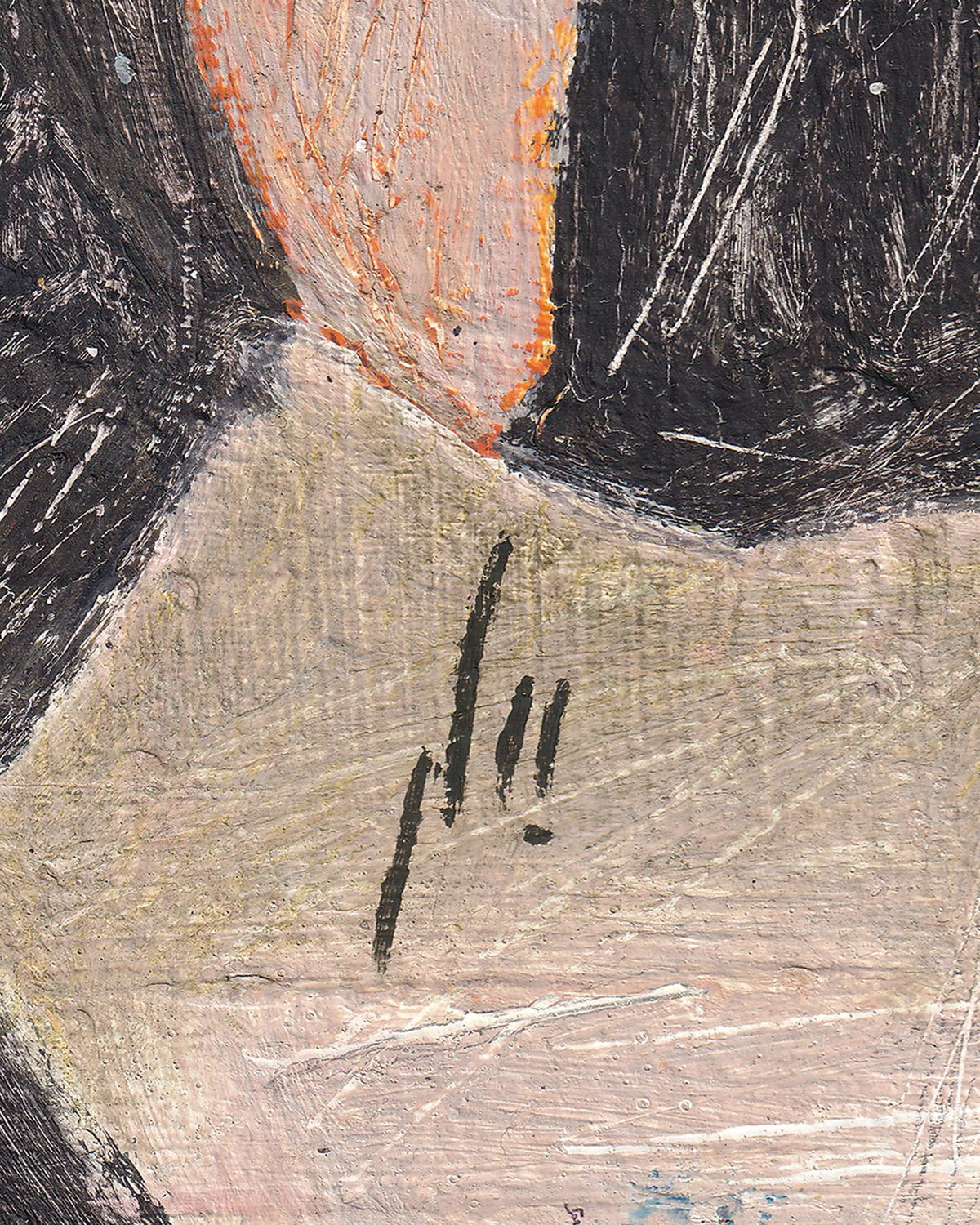 Abstract art with black, orange, and beige colors on a textured surface
