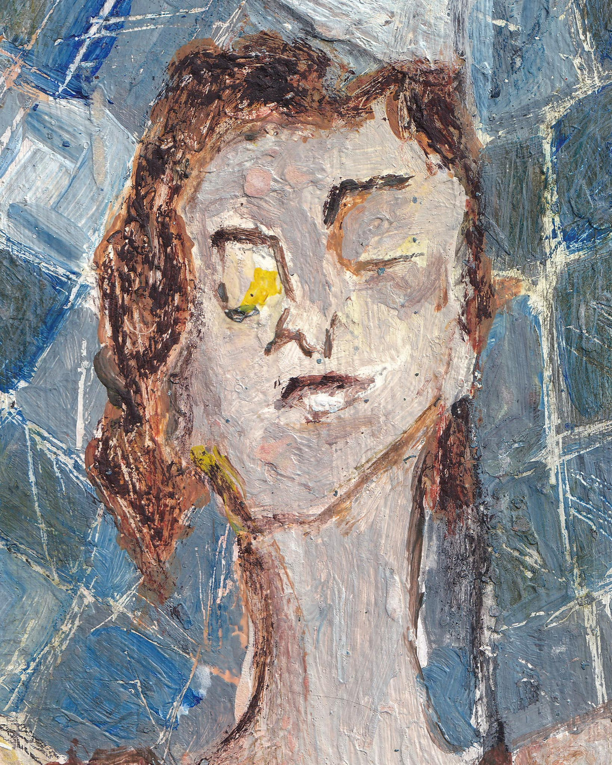 Abstract painting of a face with brown, gray, and blue colors.