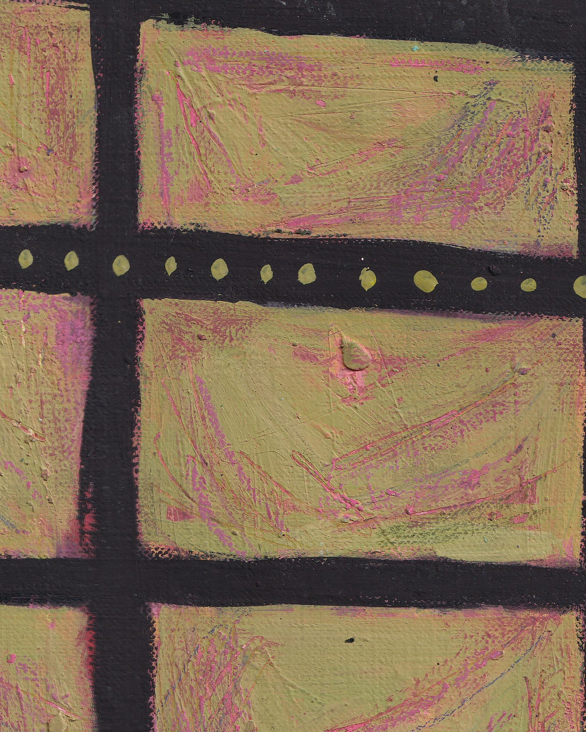 Abstract art with pink and green patterns on a black background