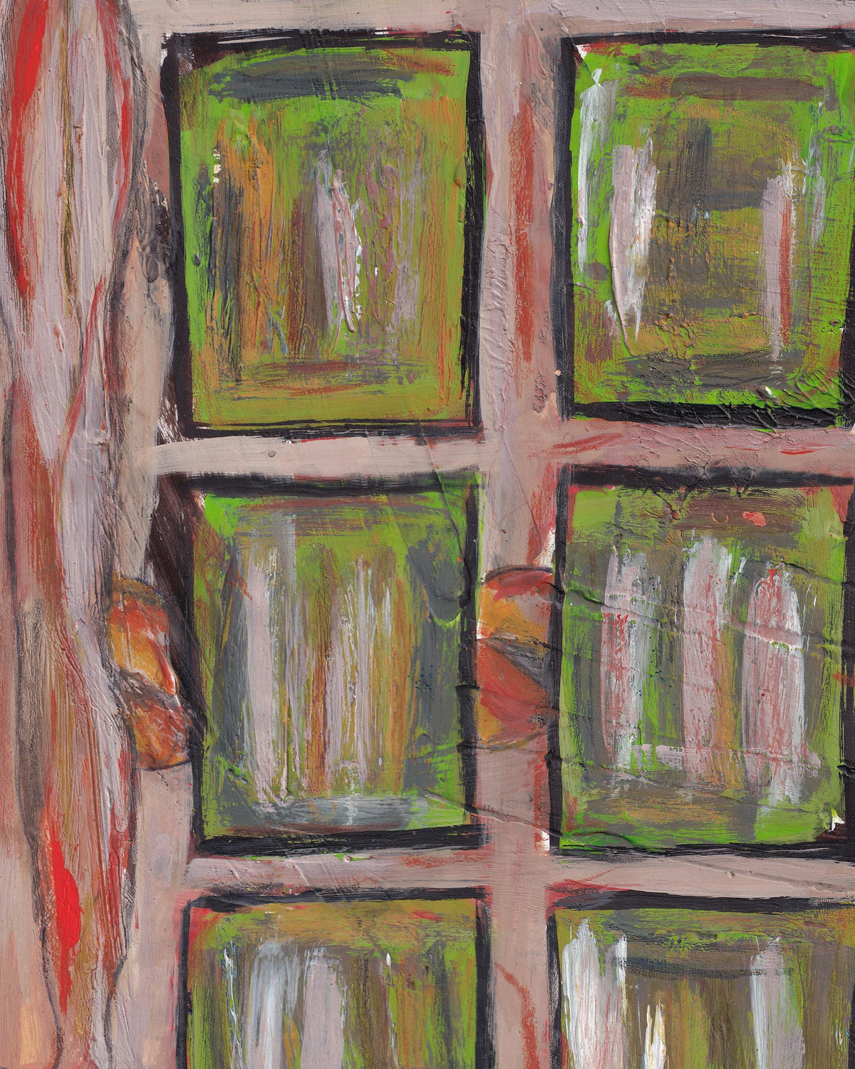 Abstract art with green and brown colors on a textured surface