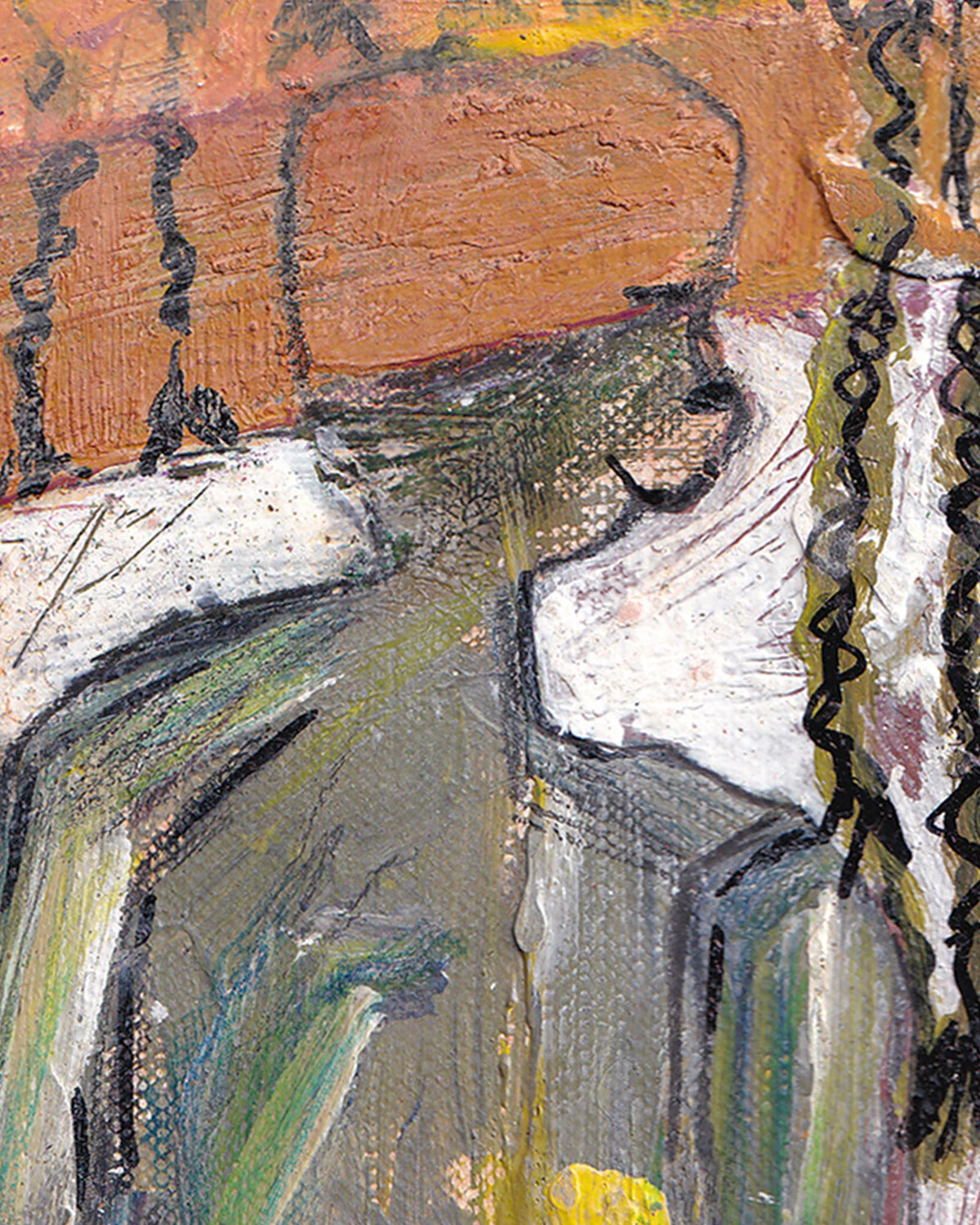 Abstract painting with textured brushstrokes in brown, green, and black.