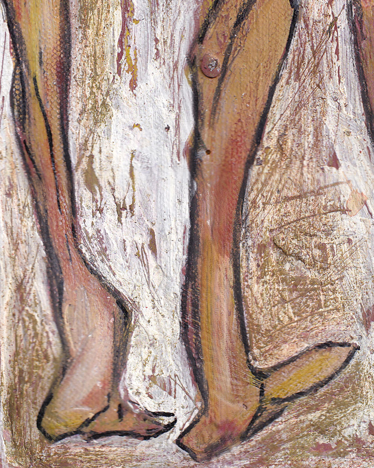 Artistic depiction of a person's legs and feet with a focus on texture and color.