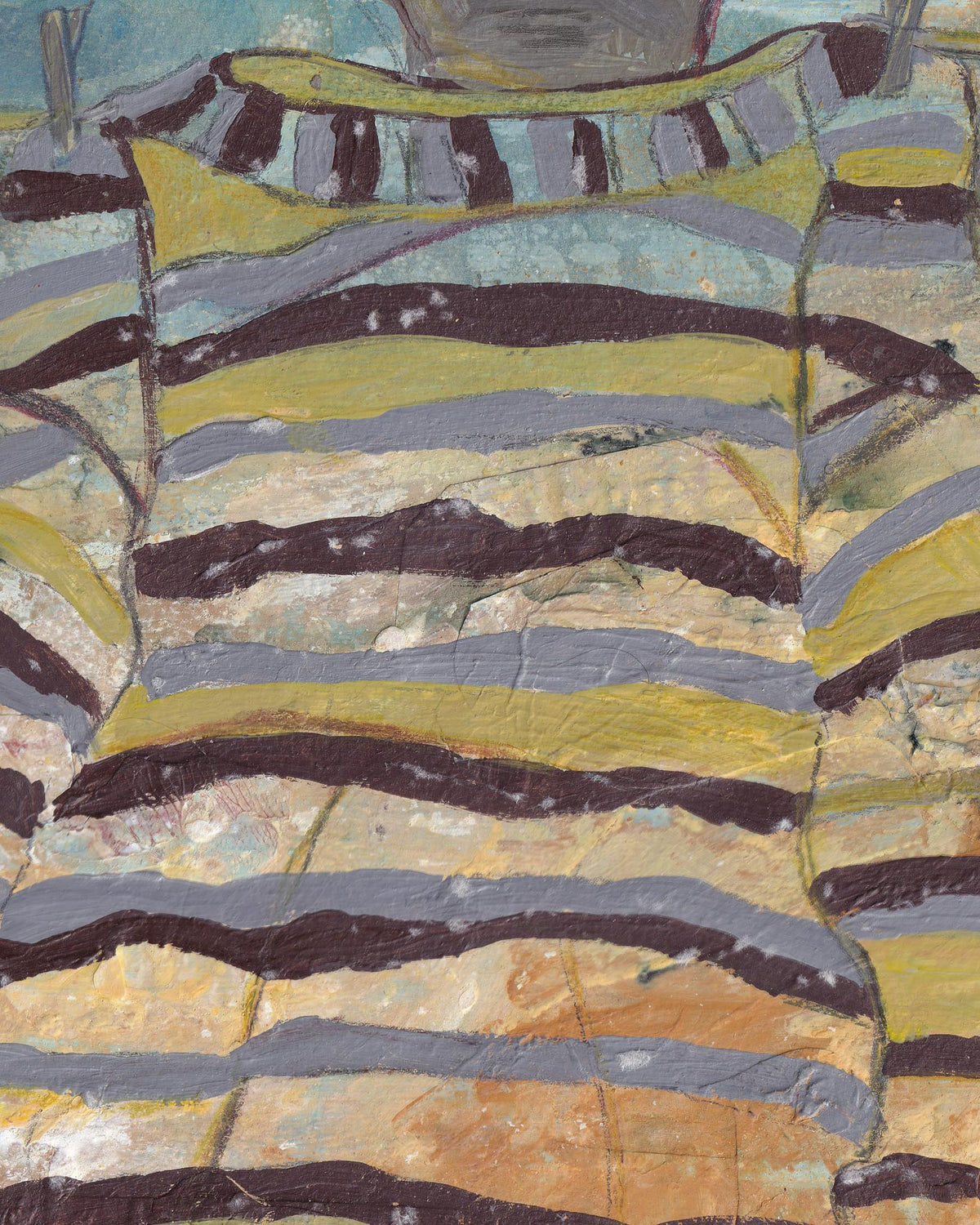 Abstract art piece with wavy lines in brown, yellow, and gray.