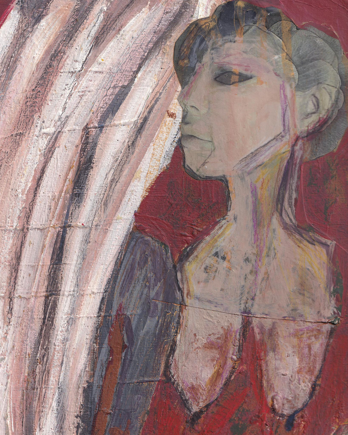 Abstract painting of a figure with red and gray tones