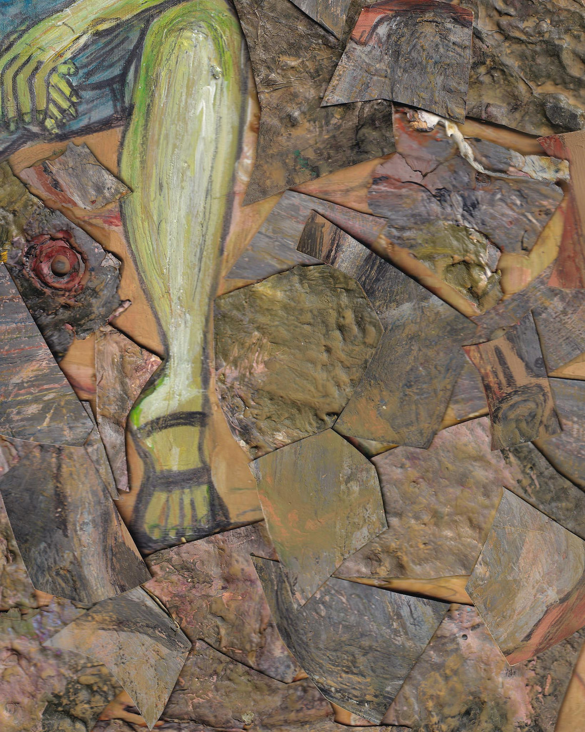 Abstract artwork with a central green figure on a textured brown background