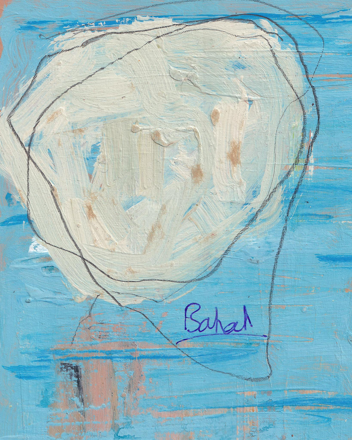 Abstract painting with a central white circle on a blue background, signed 'Bahad'.