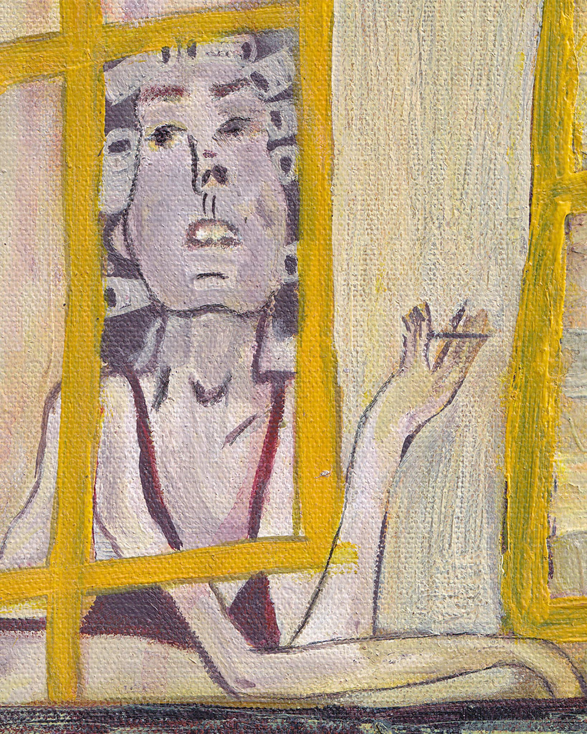 Artistic depiction of a figure with a yellow frame, possibly a window or frame.