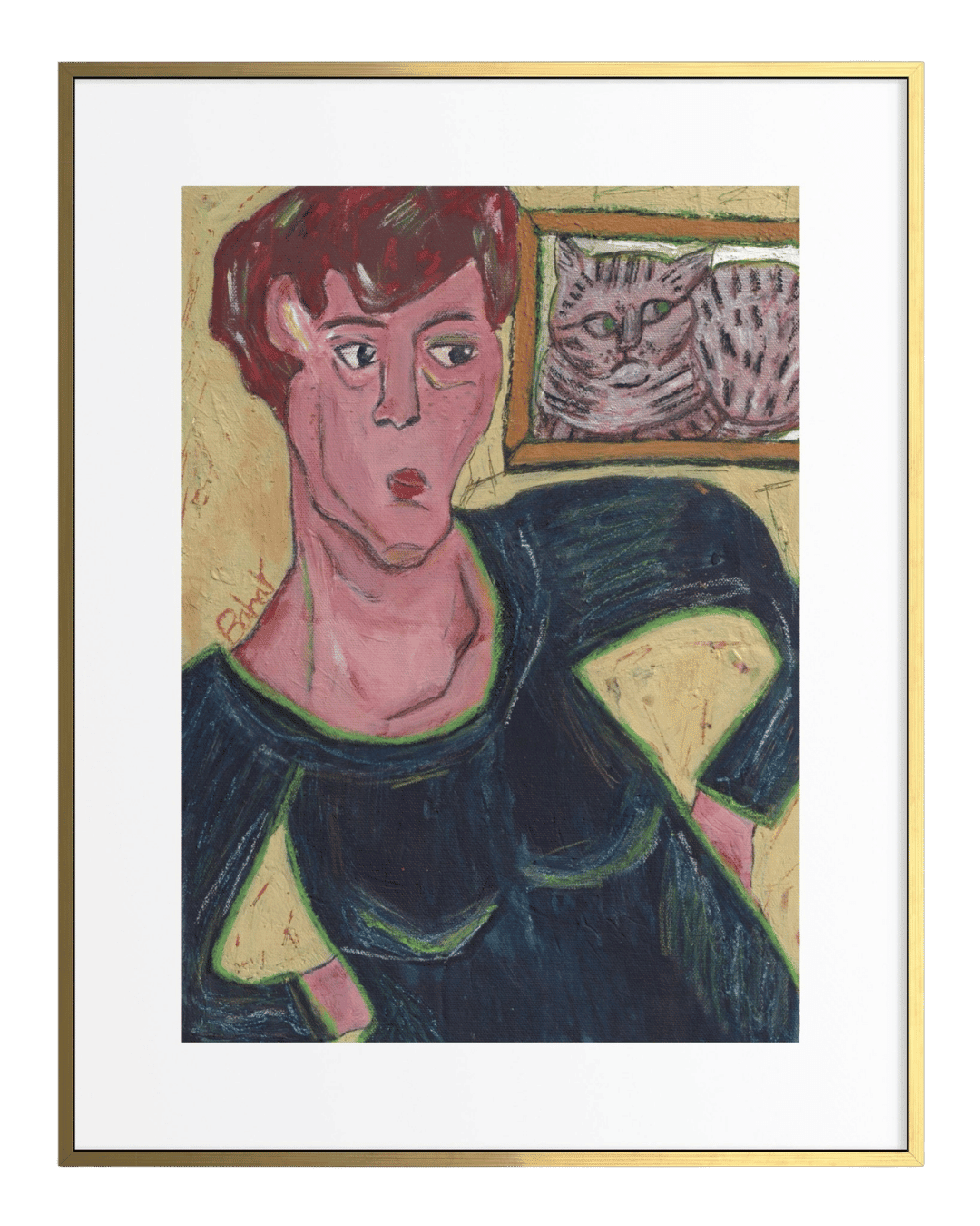 Framed artwork of a stylized portrait with a cat illustration in the background.