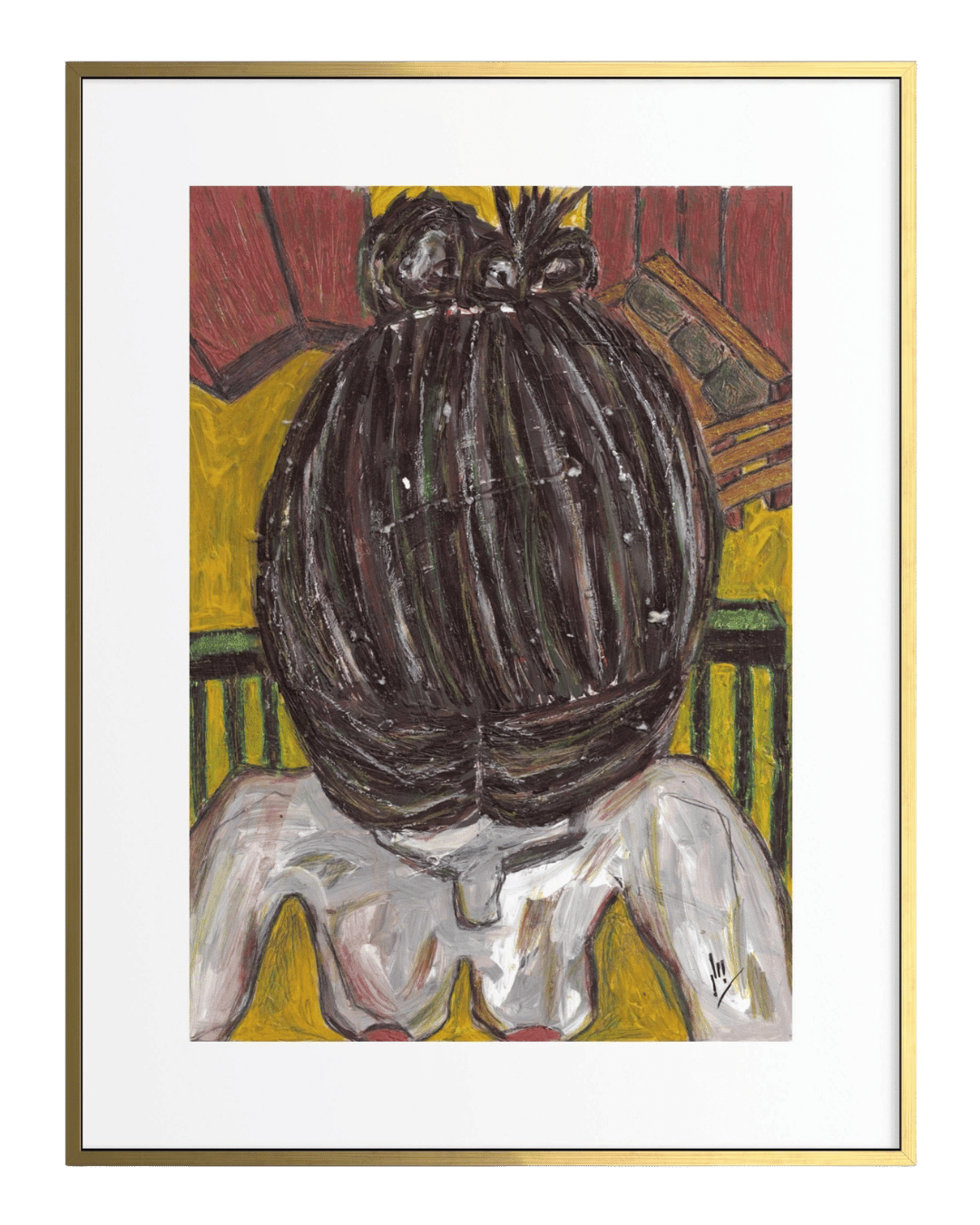 Framed artwork of a stylized figure with a large head and minimal features on a colorful background.