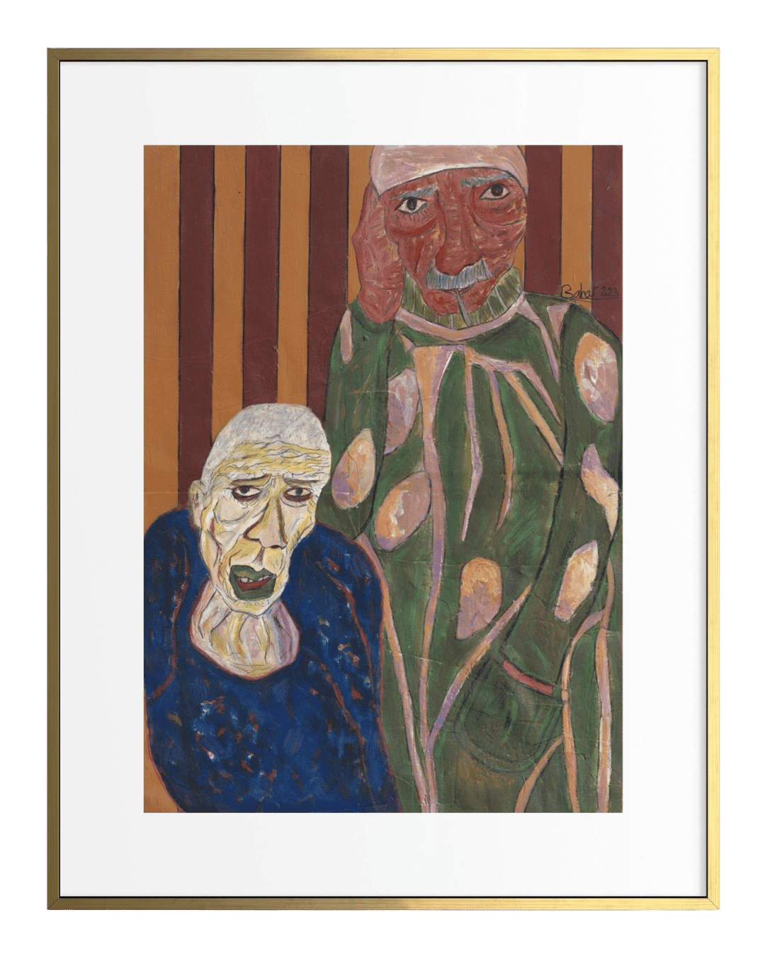 Framed artwork of two stylized figures against a striped background