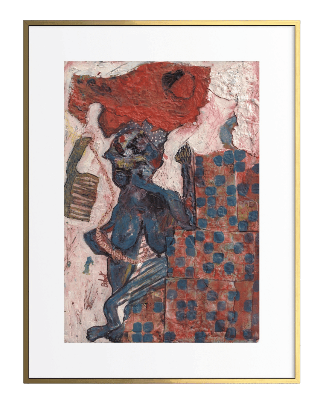 Framed artwork with a stylized figure and geometric patterns on a textured background