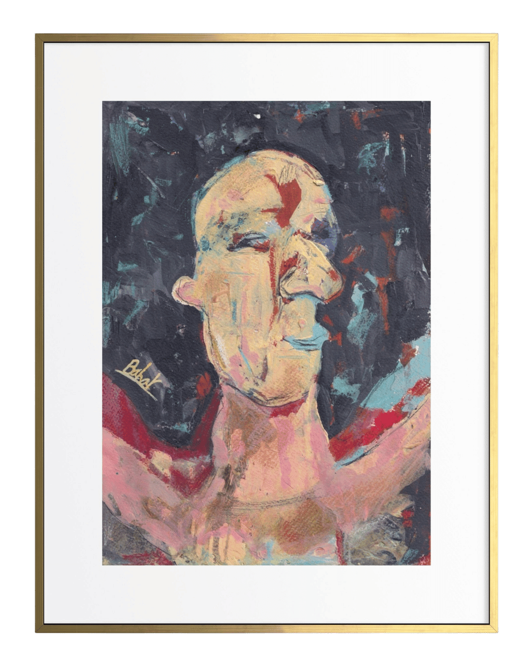 Abstract painting of a face with a signature in the corner