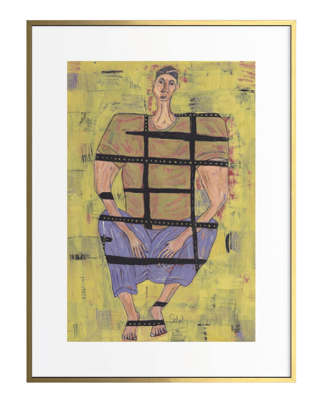 Framed artwork of a person with a grid-like pattern on a yellow background