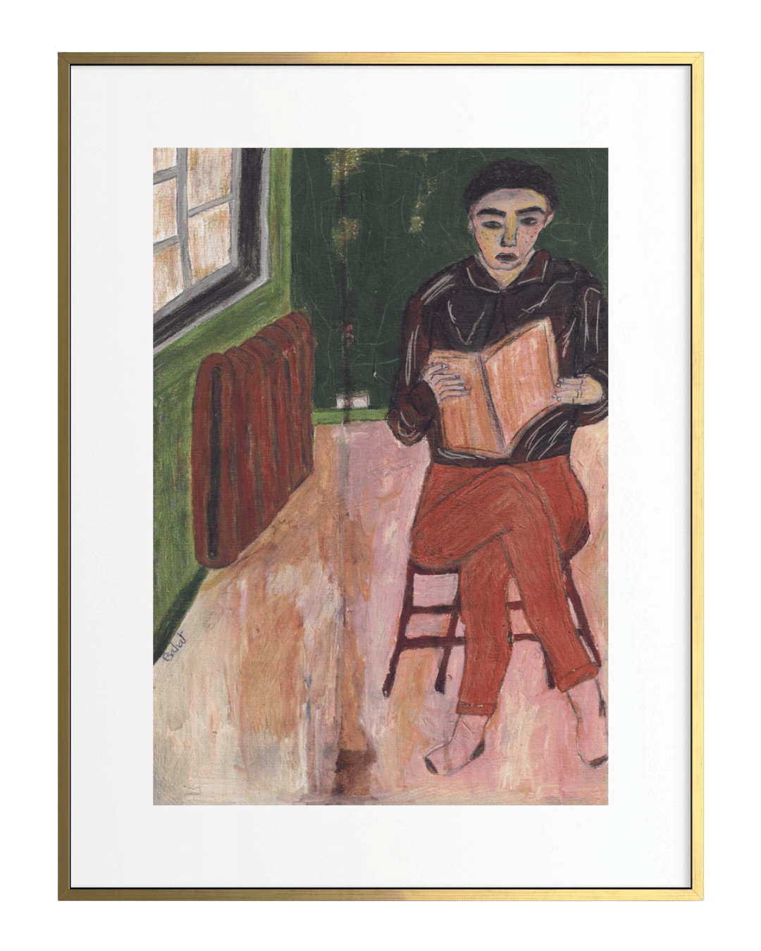Framed artwork of a person reading a book in a room with a radiator.