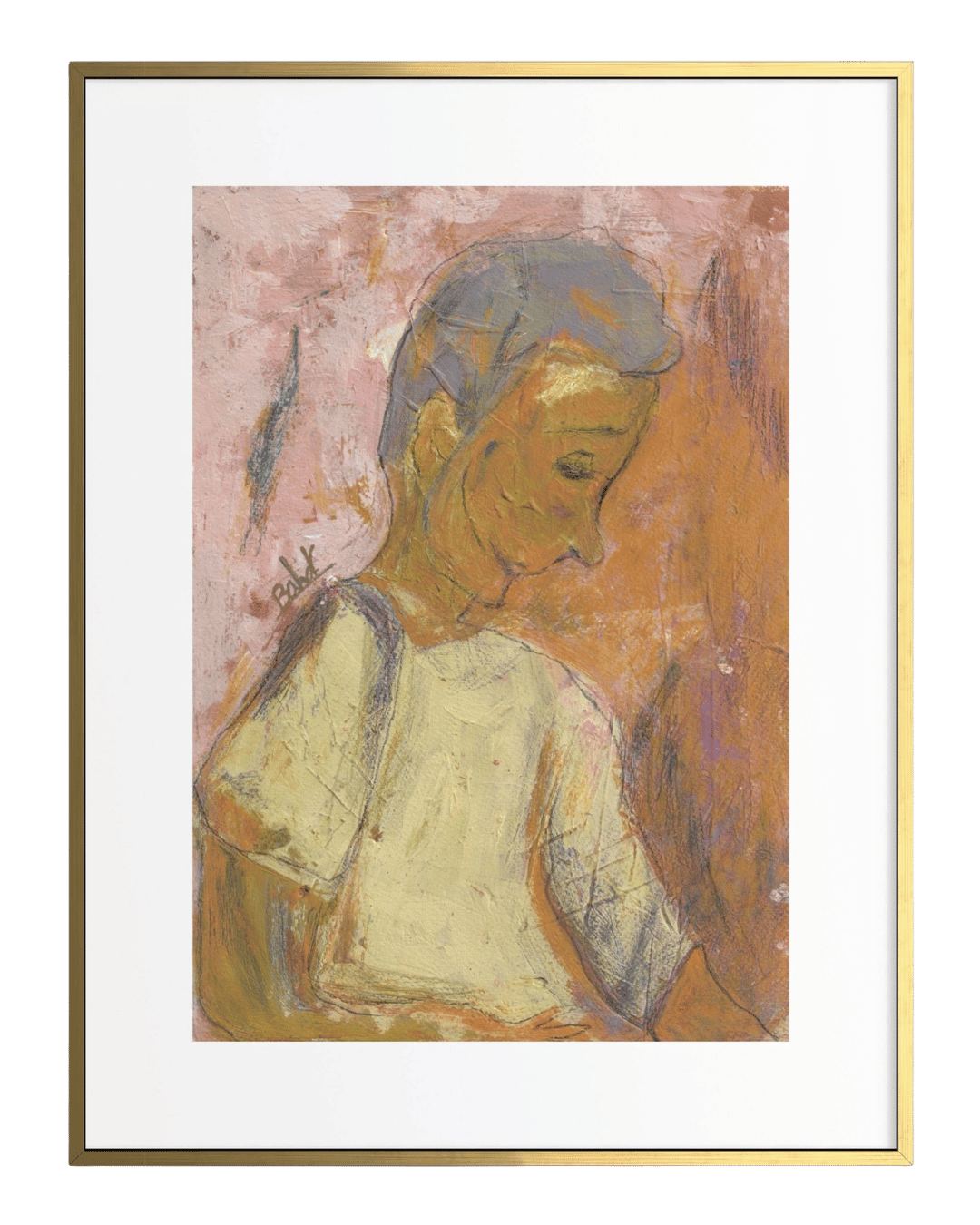 Framed artwork of a stylized portrait with abstract background