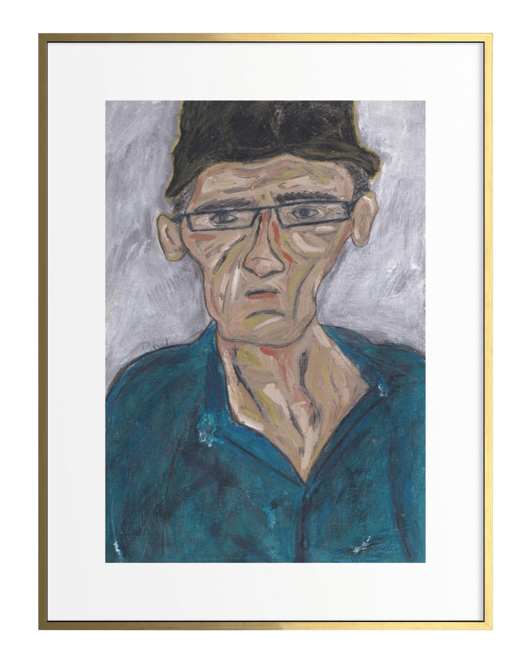 Artistic portrait of a person wearing a cap and glasses, framed with a gold border.