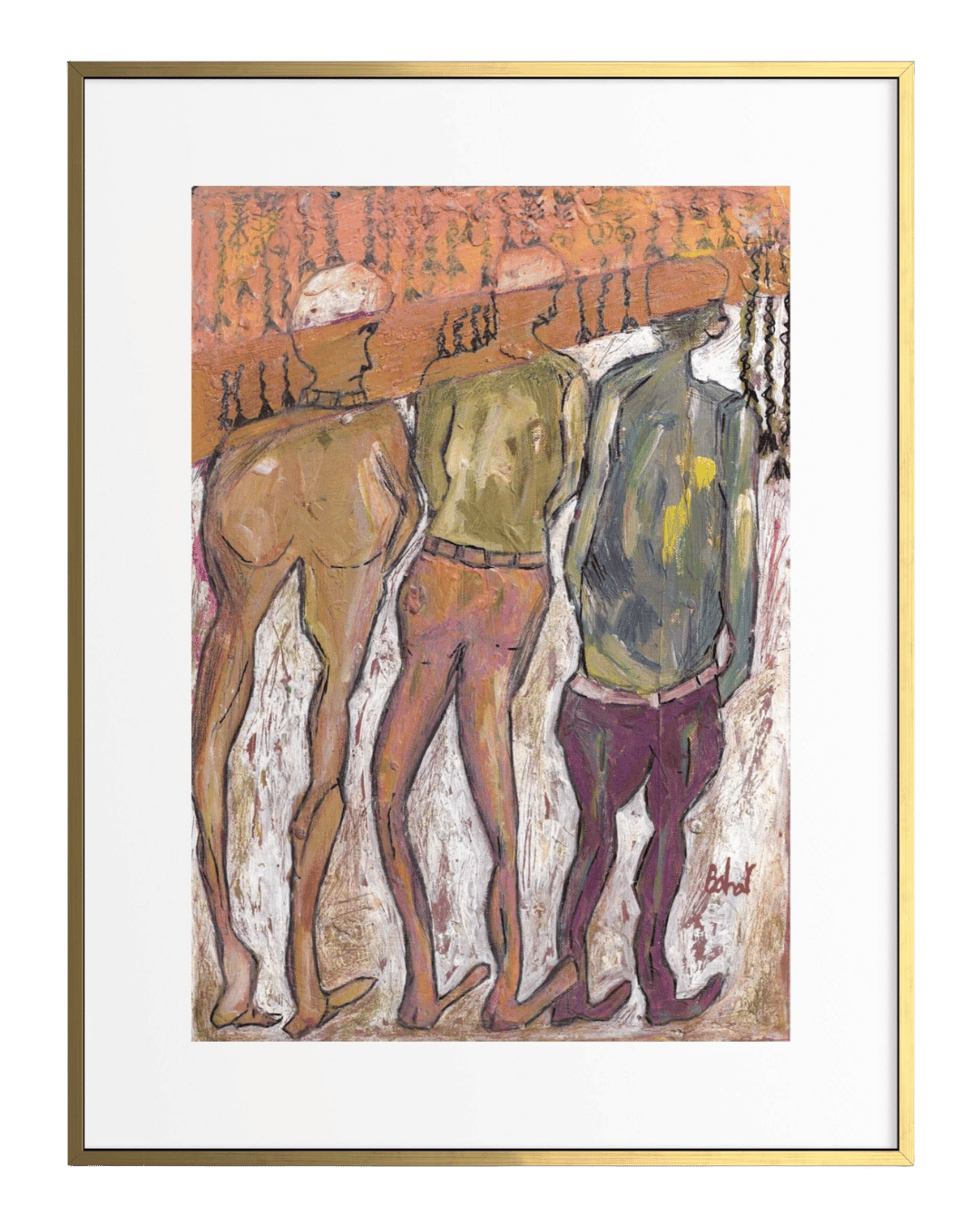Artistic depiction of three figures in a stylized manner with a gold frame.