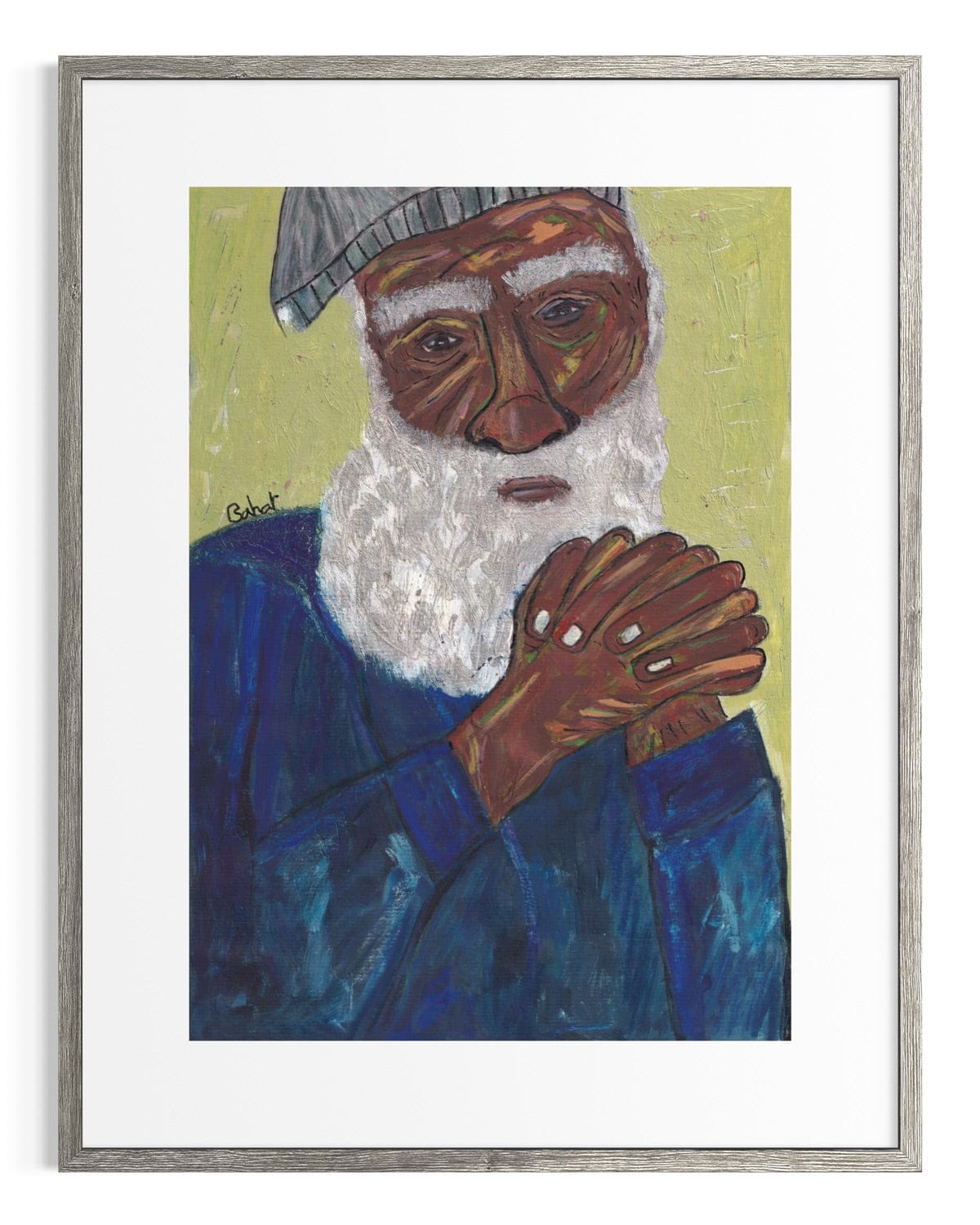 Framed artwork of a person with a white beard and blue clothing, clasping hands together.