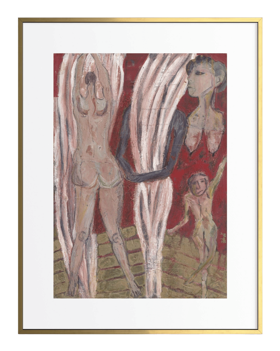 Artistic depiction of human figures with a snake, framed in gold.