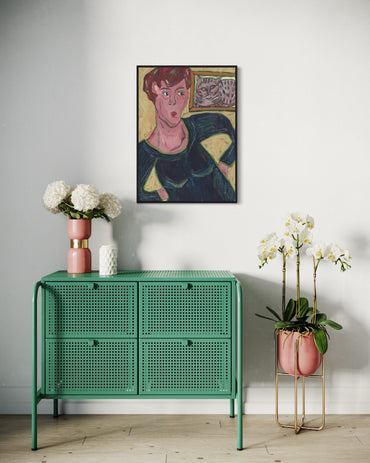 Green metal cabinet with decorative plants and a painting on a white wall.