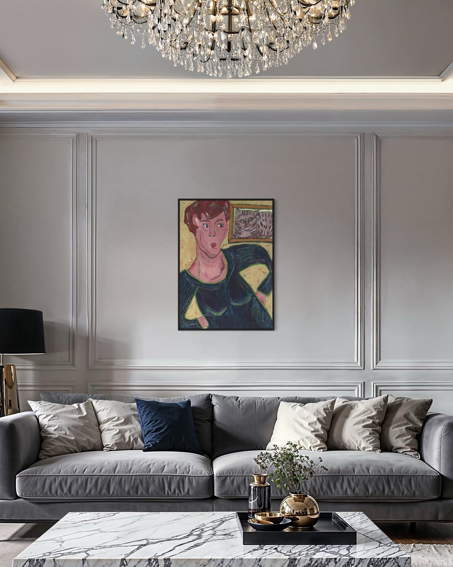 Living room with gray sofa, decorative pillows, and a painting on the wall.