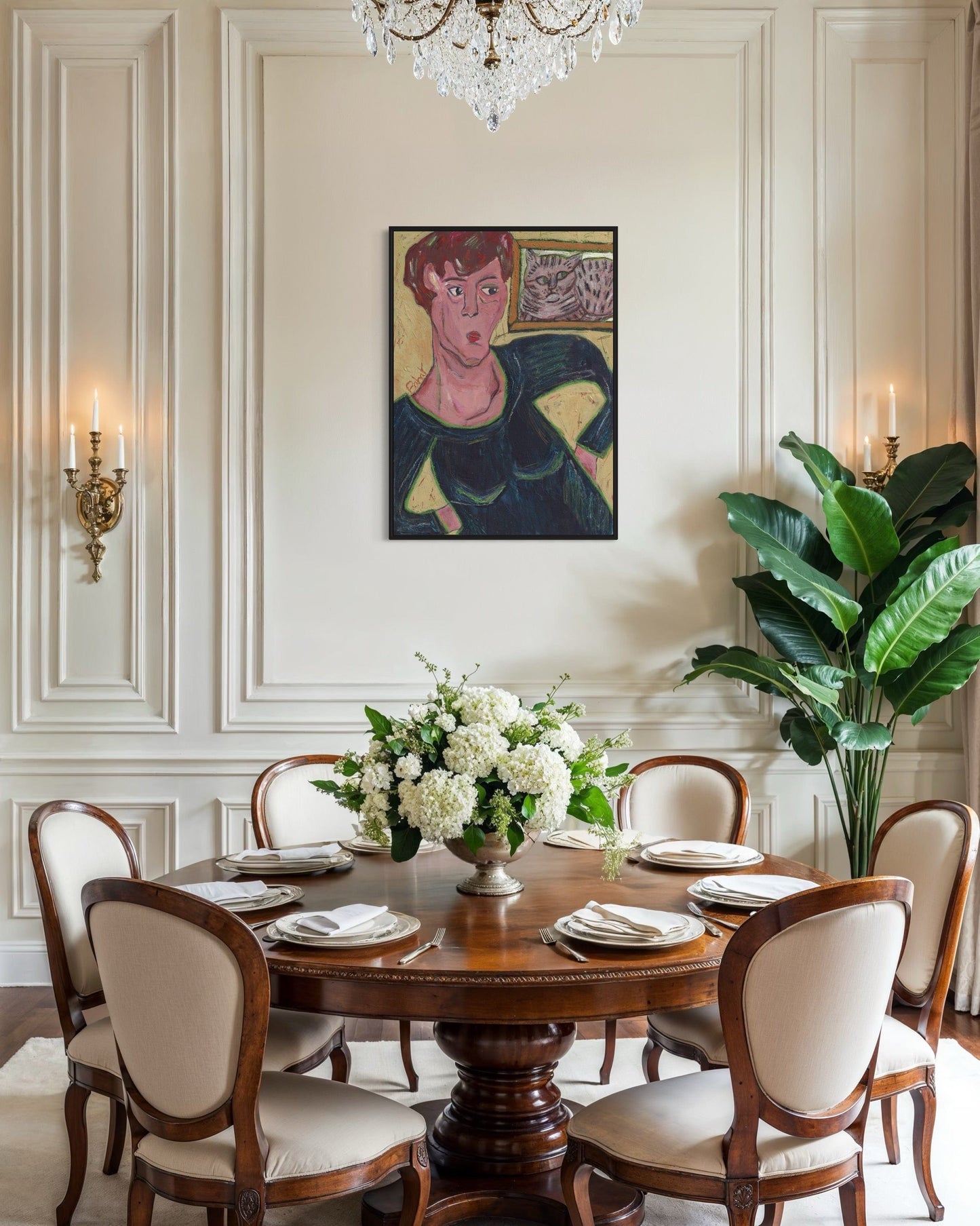 Elegant dining room with wooden table, chairs, and decorative elements.