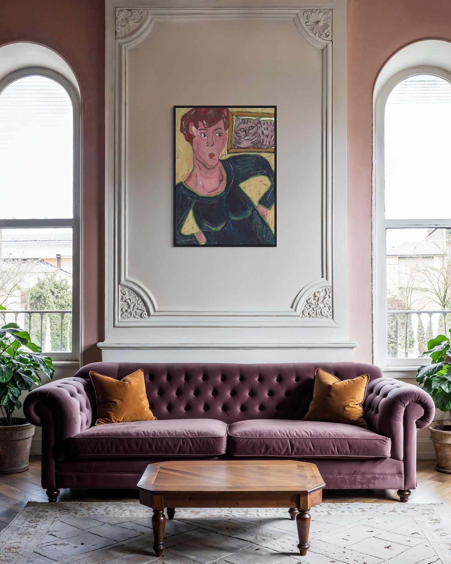 Living room with a purple sofa, wooden coffee table, and decorative wall art.