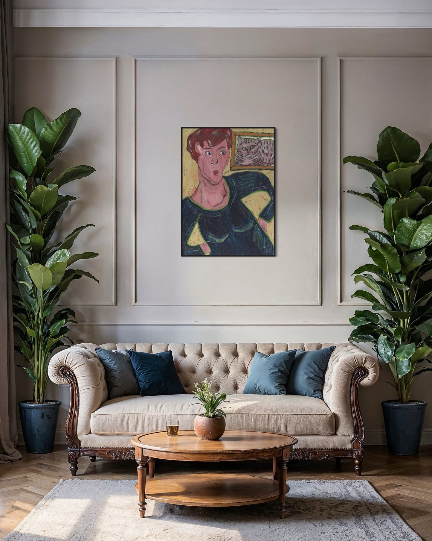 Living room with a beige sofa, wooden coffee table, and decorative plants.