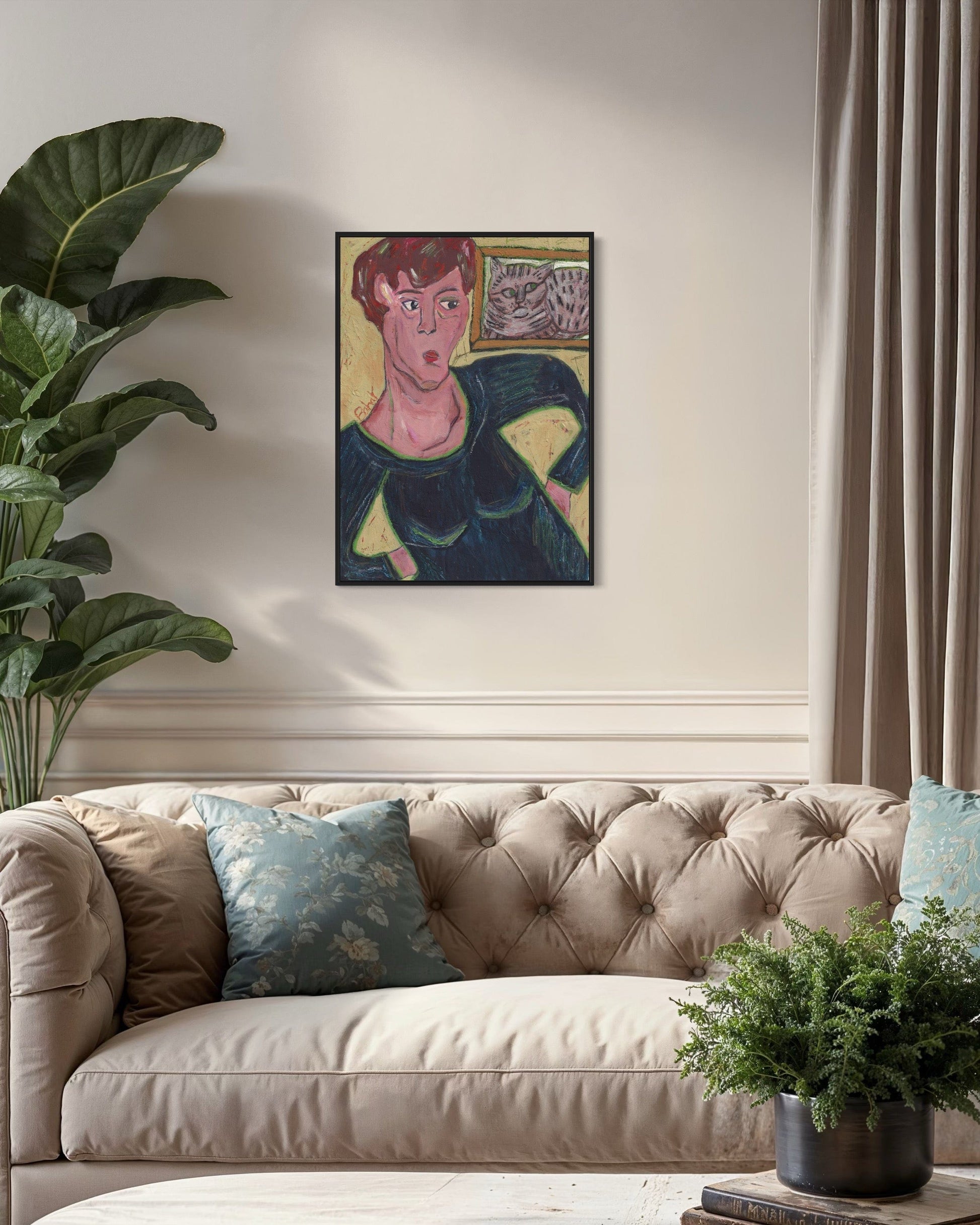 Framed artwork above a beige sofa in a living room setting with plants.