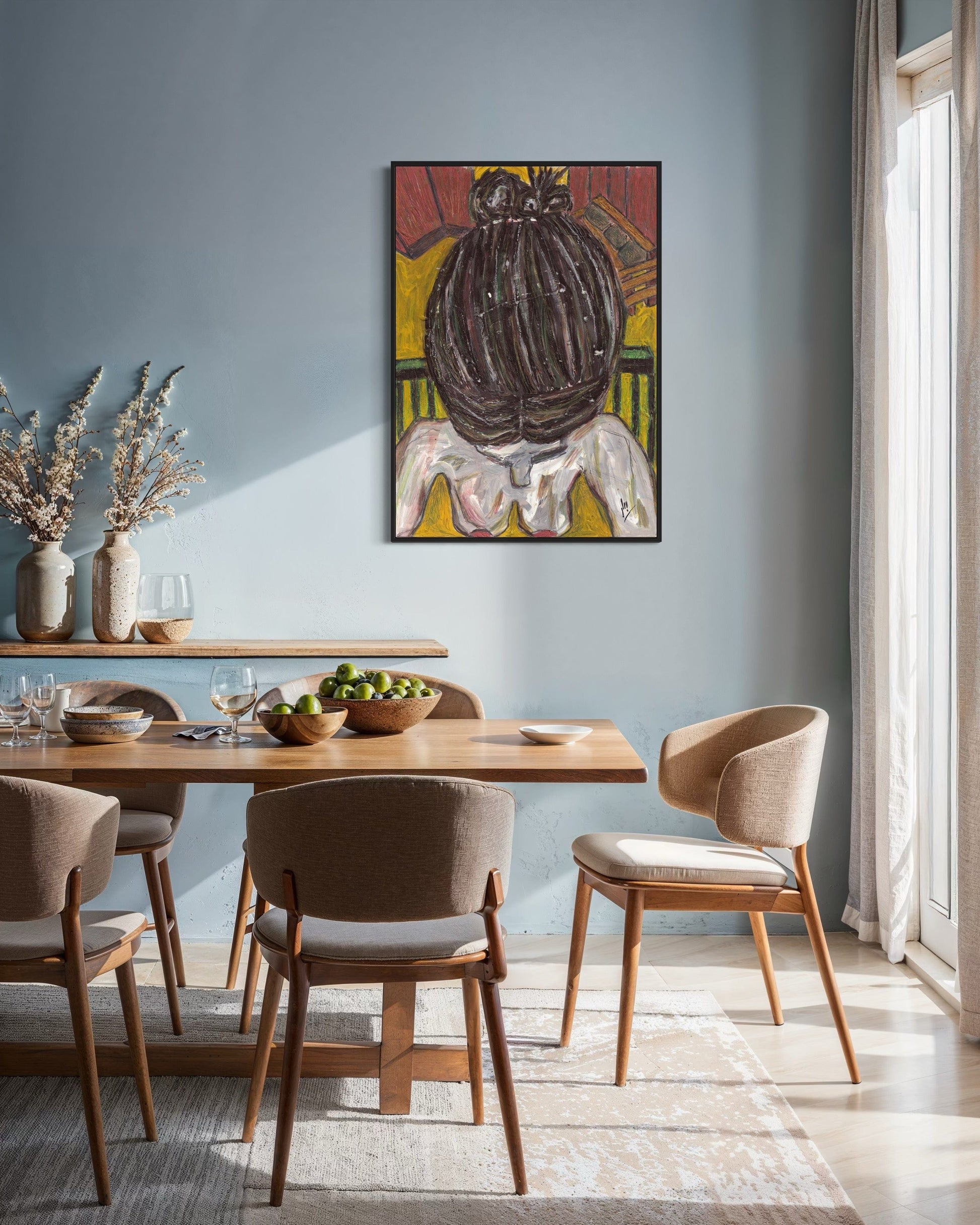 Dining room with wooden table and chairs, abstract painting on wall, and natural light.