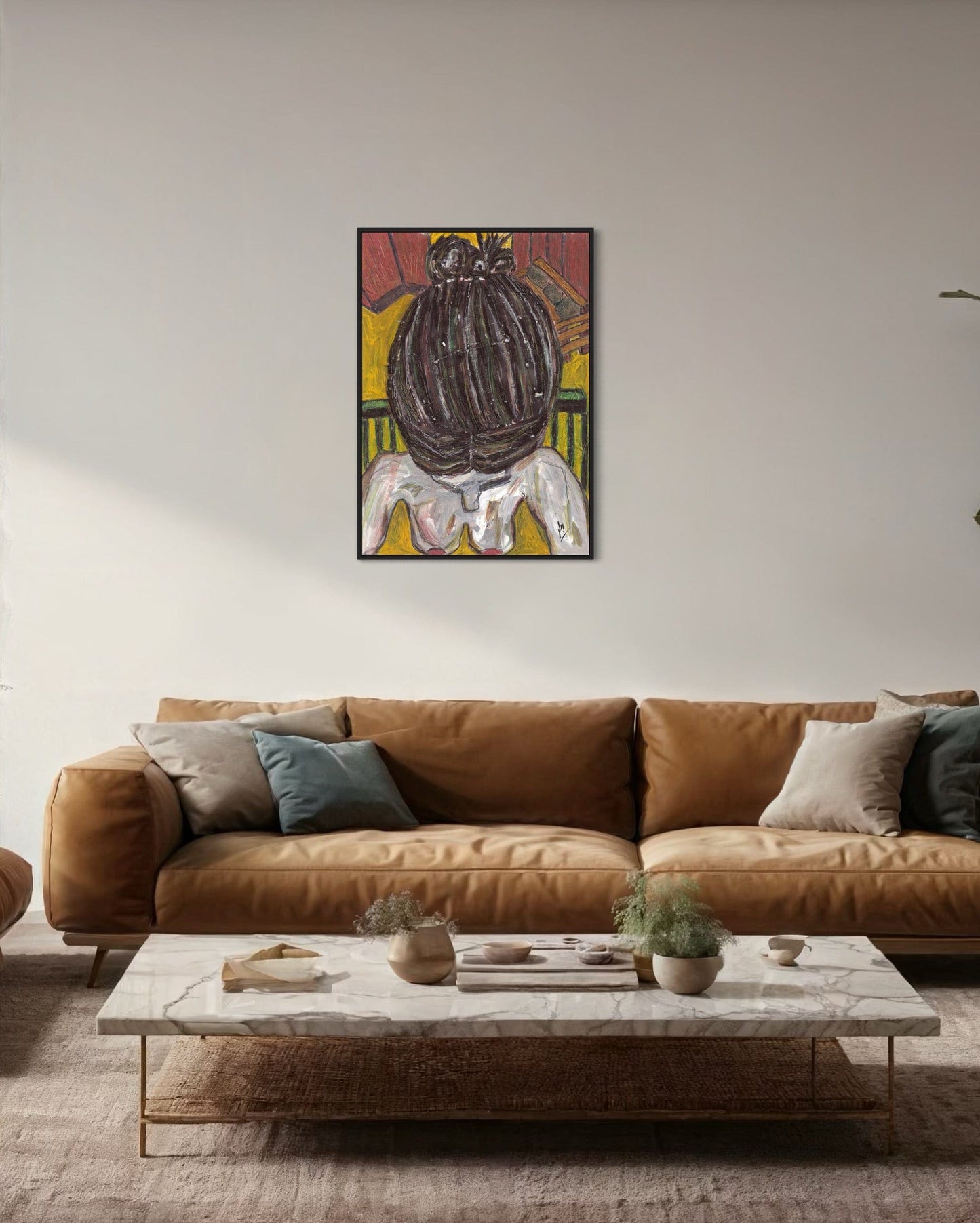 Living room with a brown leather sofa, marble coffee table, and abstract painting on the wall.