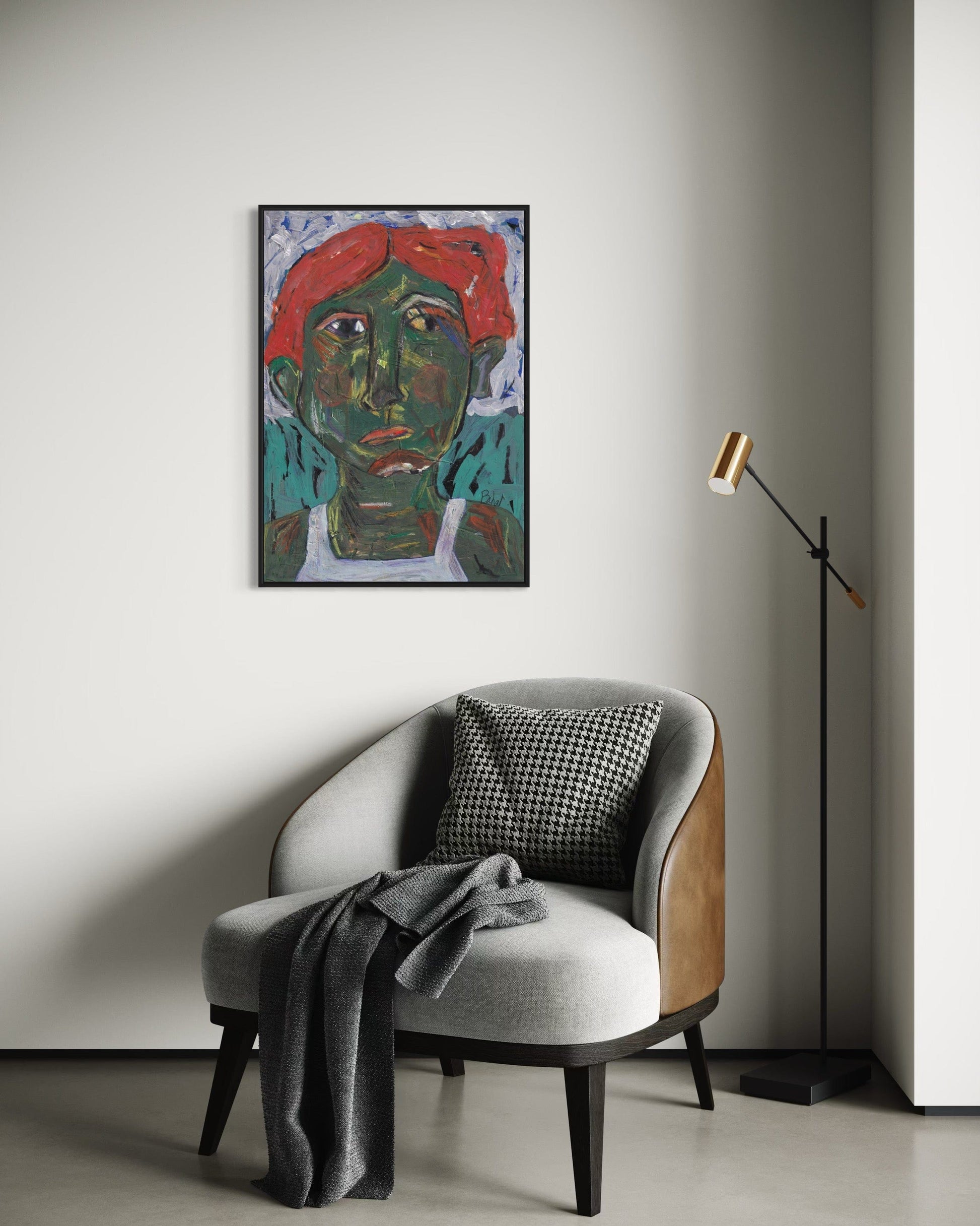 Modern interior with a gray armchair, plaid pillow, and abstract painting on a white wall.