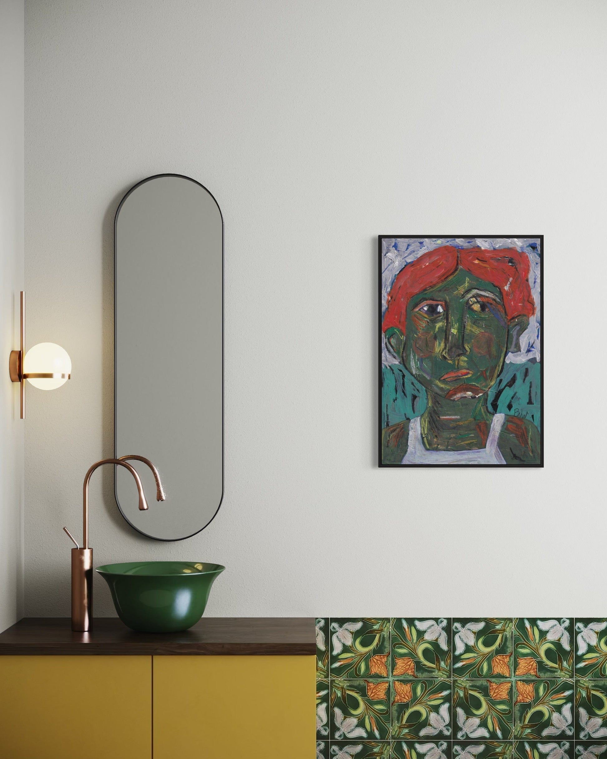 Bathroom interior with a mirror, sink, and wall art.