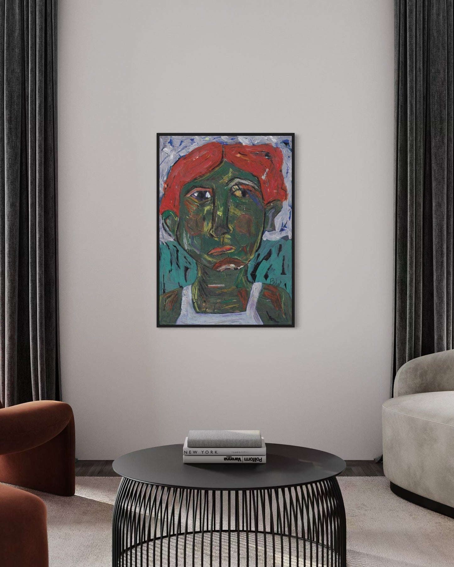 Abstract painting of a face with a red hat on a wall above a black coffee table.