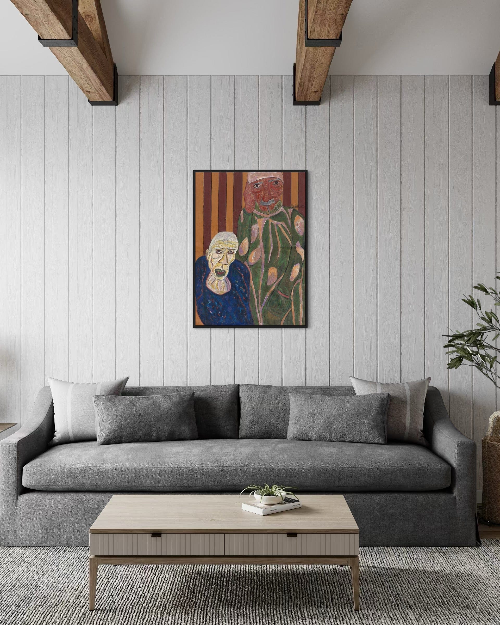 Living room with a gray sofa, wooden coffee table, and abstract painting on the wall.