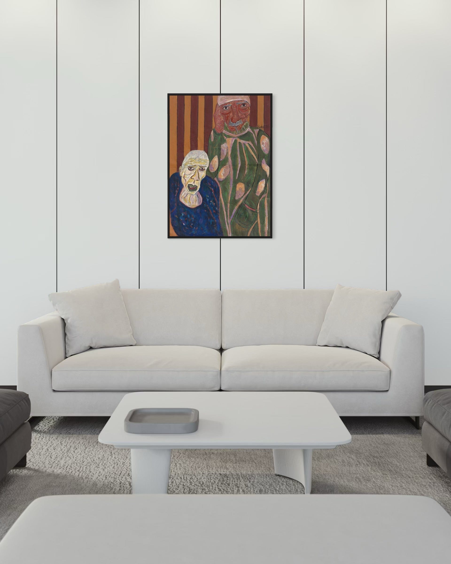 Modern living room with a gray sofa, coffee table, and abstract painting on the wall.