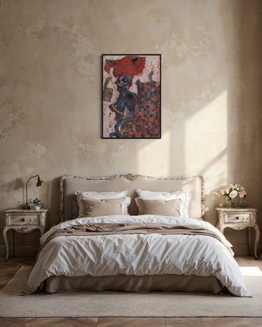 Neatly made bed in a bedroom with decorative pillows and a painting on the wall.