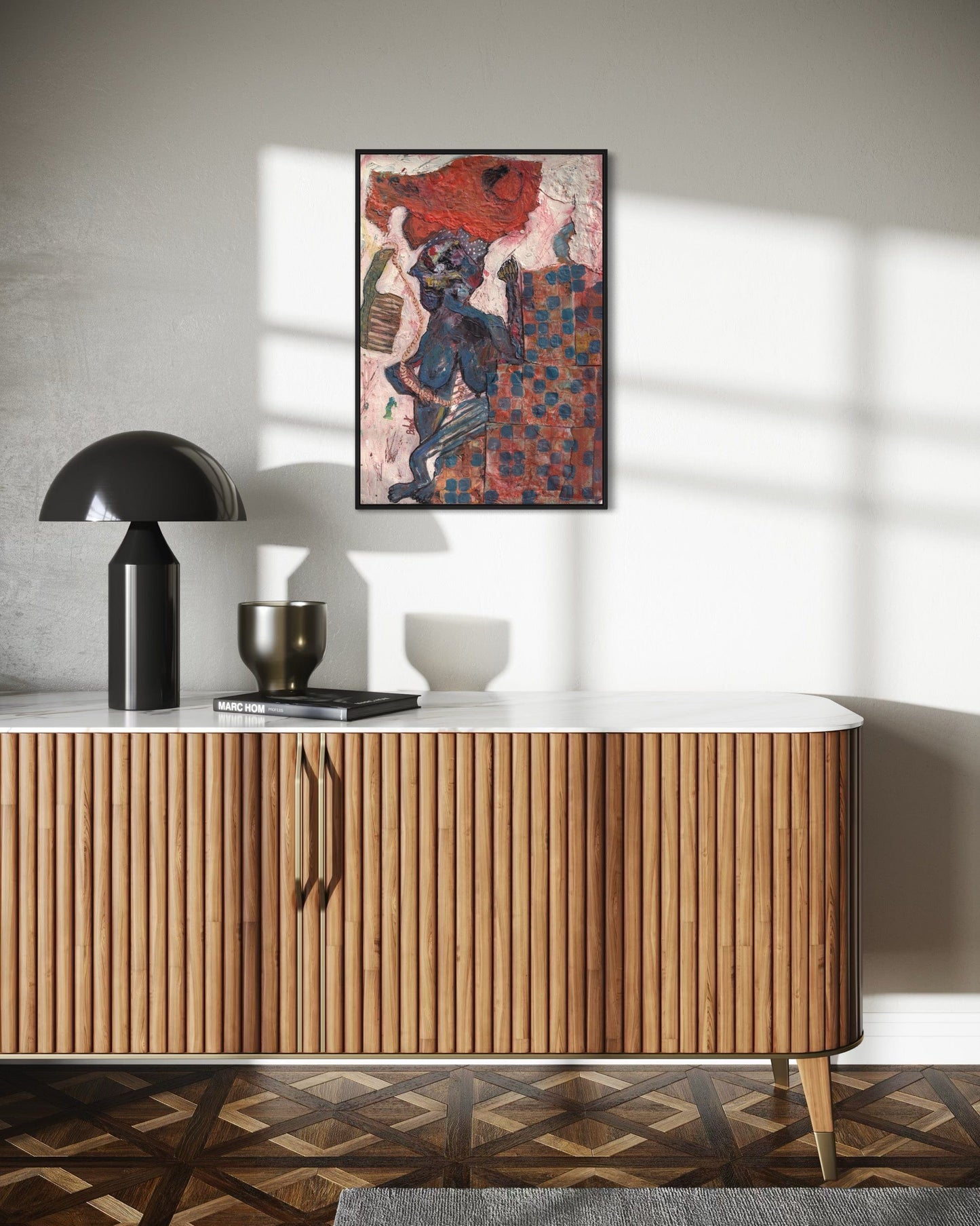 Wooden sideboard with decorative items and a colorful abstract painting on a wall.
