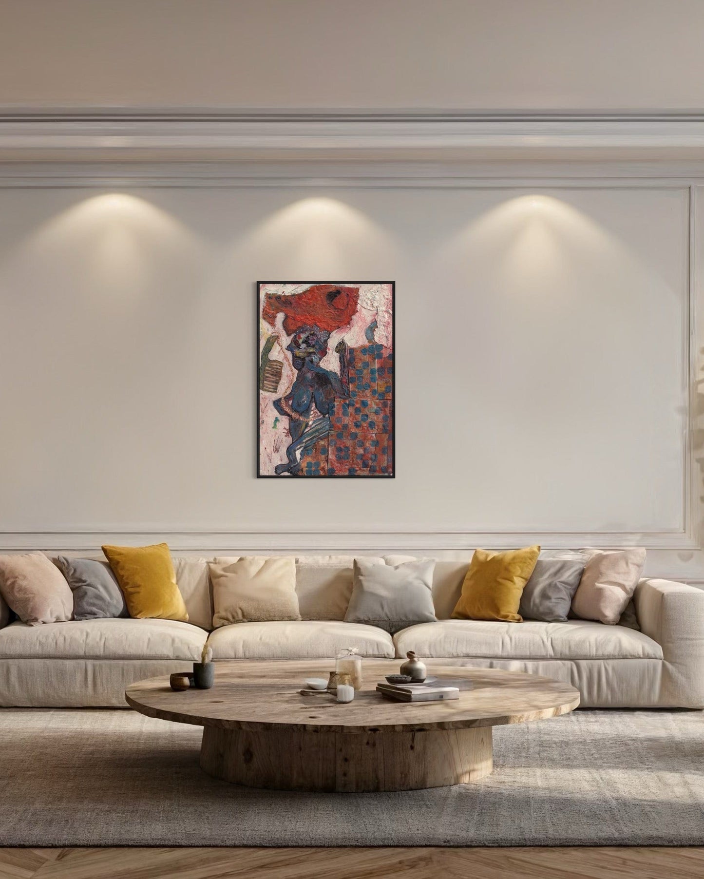 Modern living room with a beige sofa, wooden coffee table, and abstract art on the wall.