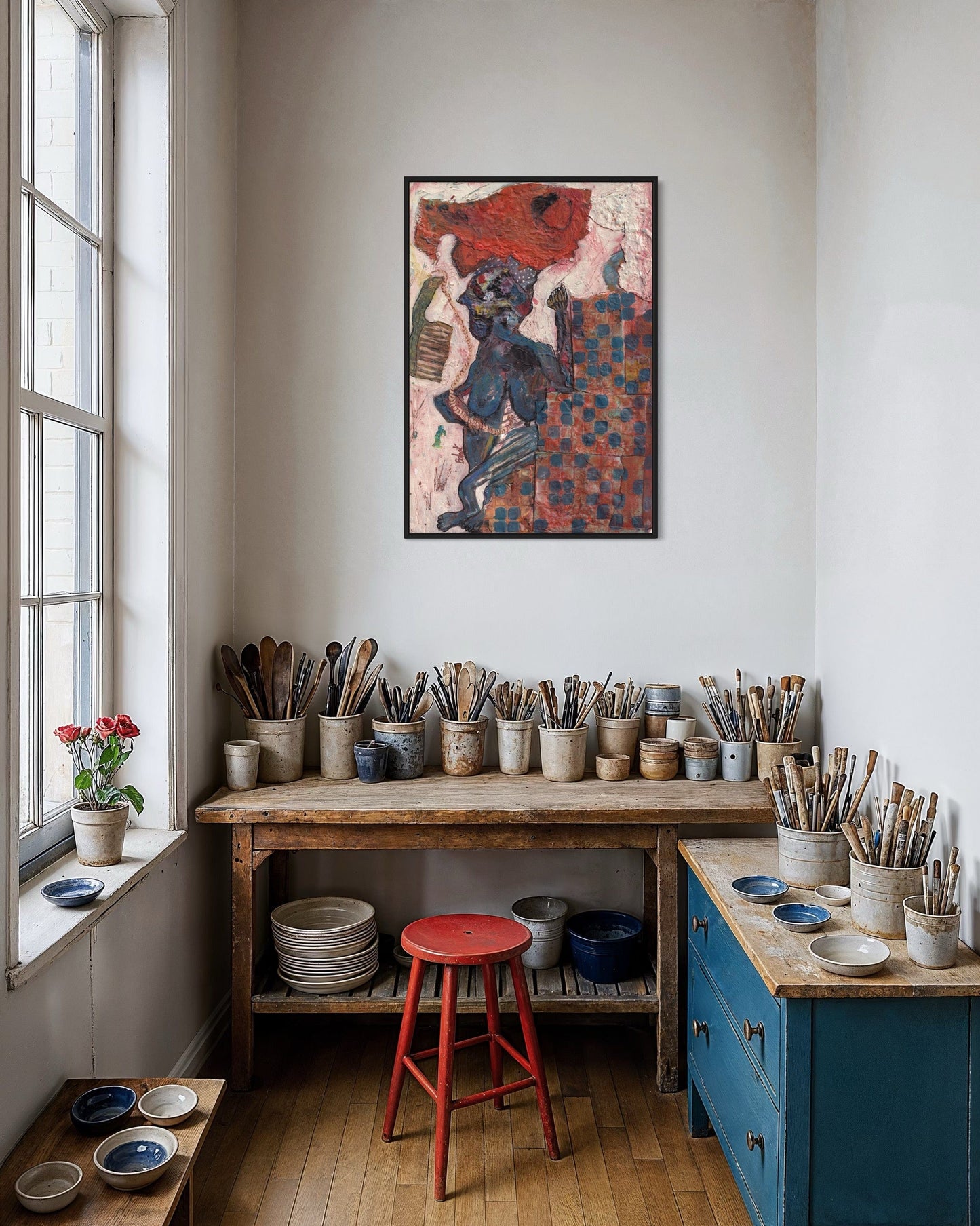 Studio or workshop with pottery tools, a red stool, and a colorful painting on the wall.