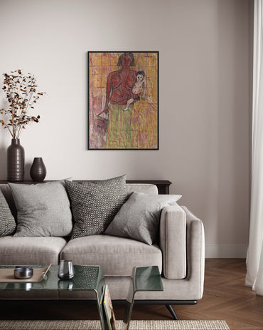Living room with a gray sofa, coffee table, and wall art.