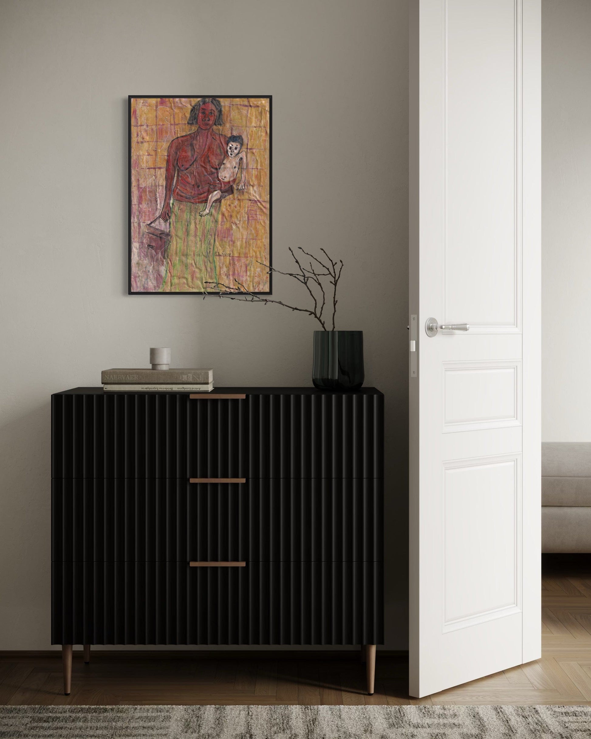 Black cabinet with wooden shelves in a room with a painting on the wall.