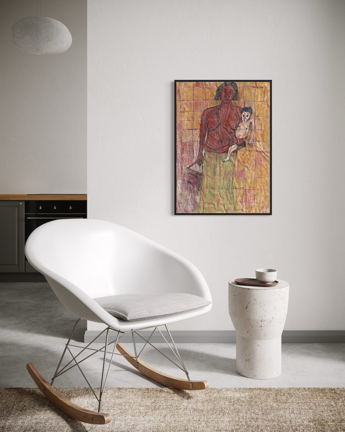 Modern white rocking chair in a room with a colorful painting on the wall.