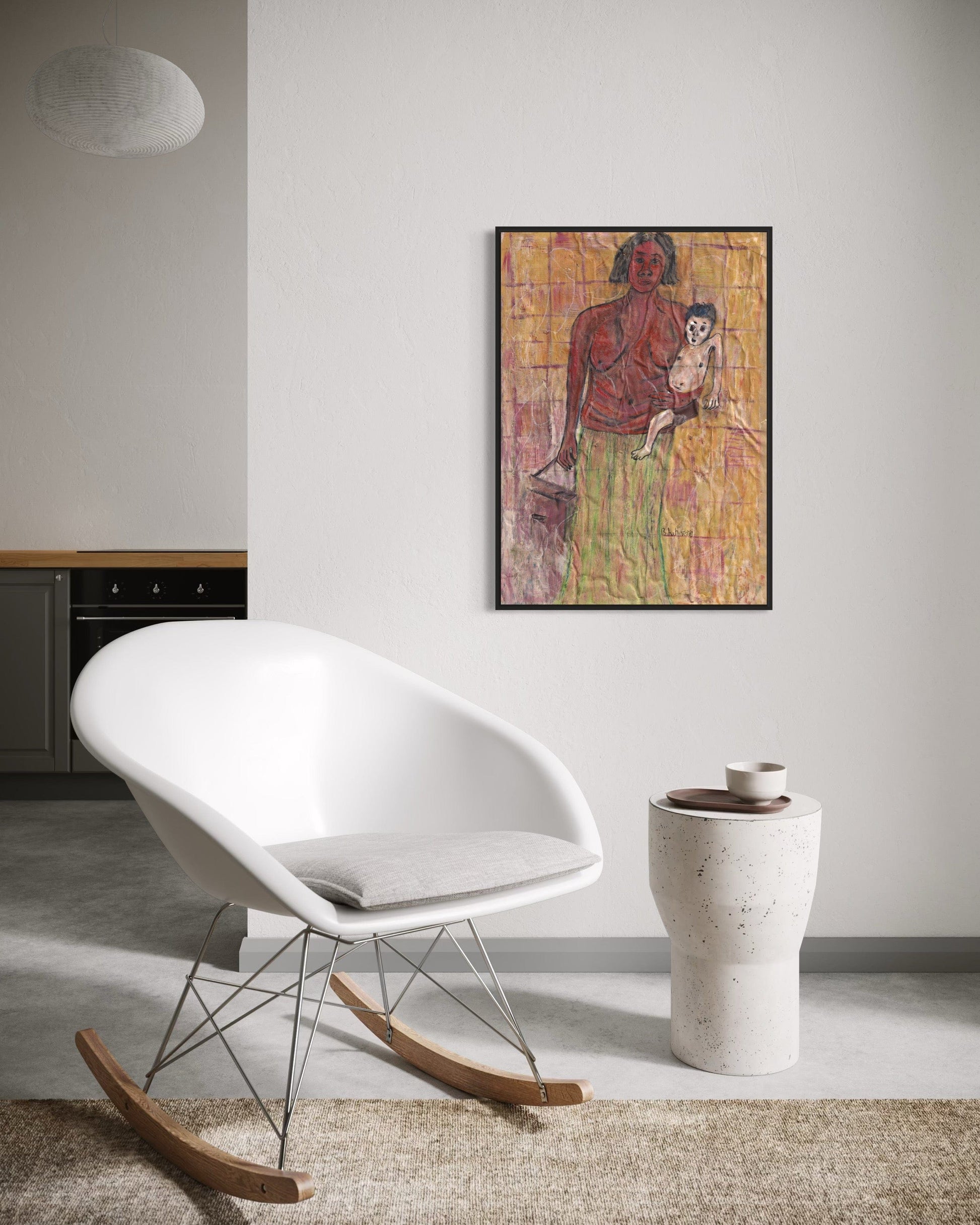 Modern white rocking chair in a room with a colorful painting on the wall.