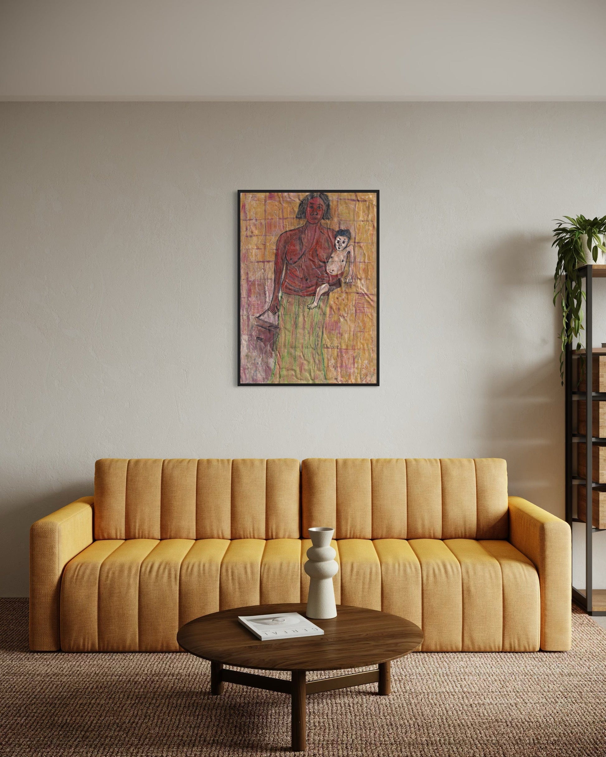 Living room with a yellow sofa, wooden coffee table, and abstract painting on the wall.